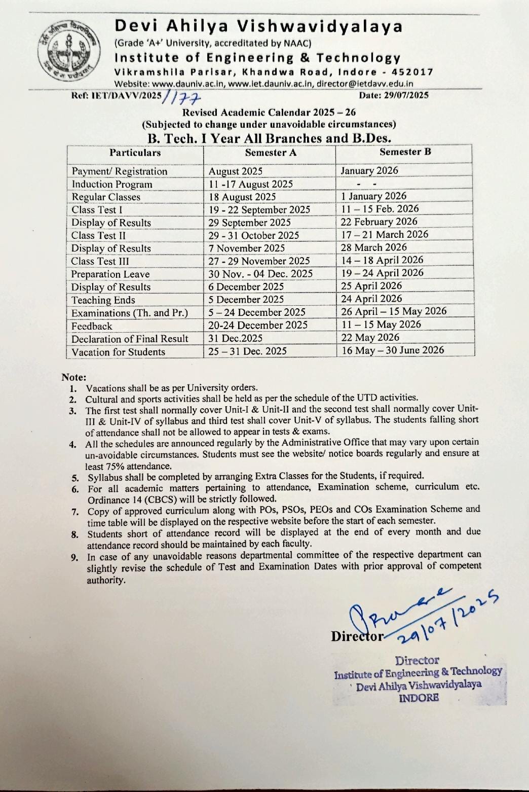 B.Tech Academic Calendar 2025 26